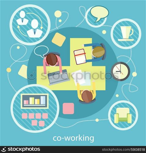 Coworking concept. Co-working item icons. Business meeting top view in flat design. Shared working environment. Coworking concept. Business meeting