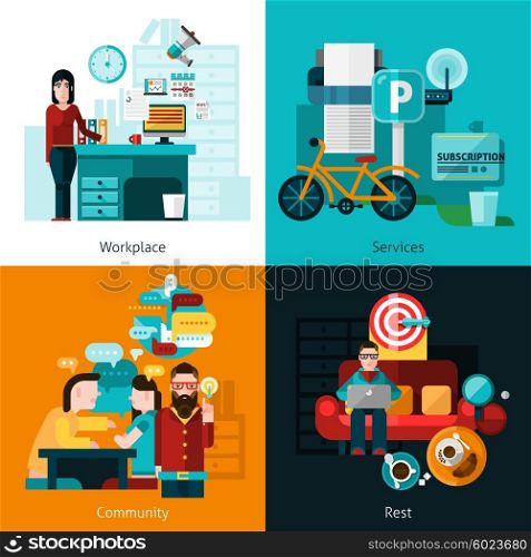 Coworking Concept Icons Set . Coworking concept icons set with workplace and rest symbols flat isolated vector illustration
