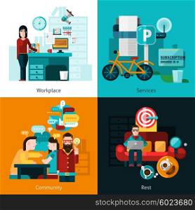 Coworking Concept Icons Set . Coworking concept icons set with workplace and rest symbols flat isolated vector illustration
