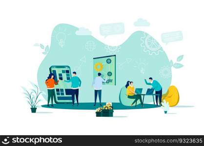 Coworking concept in flat style. Team members together work in coworking space scene. Workspace for teamwork and communication web banner. Vector illustration with people characters in work situation.. Coworking concept in flat style.