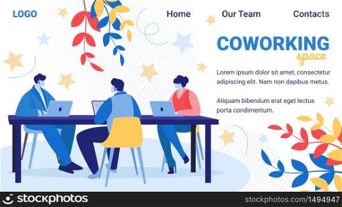 Coworking Design Team, Group of Creative Men and Women Sitting at Desk Working in Studio, Office Employees Business People Work in Company, Teamwork. Cartoon Flat Vector Illustration Horizontal Banner. Coworking Group of Creative Men and Women Banner