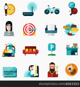 Coworking icons set with time and idea symbols flat isolated vector illustration . Coworking Icons Set