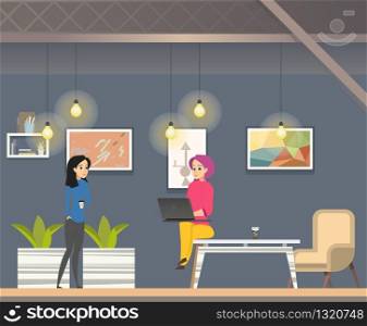 Coworking in Informal Open Space Modern Office. Woman Sitting on Desk With Laptop. Shared Working Environment for Creative Collaboration Teamwork. Flat Cartoon Vector Illustration. Coworking in Informal Open Space Modern Office