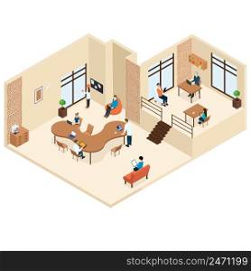 Coworking isometric center concept with people working together at freelance modern office vector illustration. Coworking Isometric Center Concept