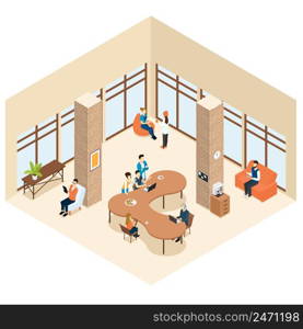 Coworking isometric center interior concept with working business freelance people in room together vector illustration. Coworking Isometric Center Interior Concept