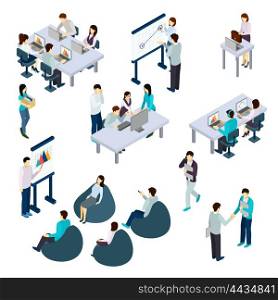 Coworking Isometric Set. Coworking people isometric set with work and rest symbols isolated vector illustration