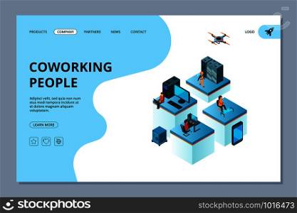 Coworking landing. Web page design template business people team building managers meeting and brainstorming vector isometric. Illustration of co-working company, business team office. Coworking landing. Web page design template business people team building managers meeting and brainstorming vector isometric