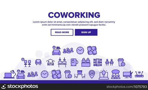 Coworking Landing Web Page Header Banner Template Vector. Working Table Place With Computer, Laptop And Lamp, Tea Cup And Clock Coworking Illustration. Coworking Landing Header Vector