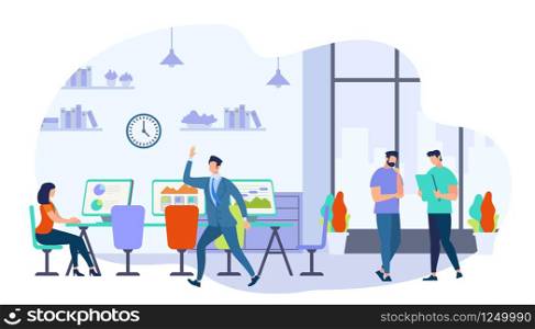 Coworking Men and Woman Creative Workers Team. Group of Young Business People Working Together in Office. Girl Sit at Desk. Modern Coworker Center. Brainstorm Meeting Cartoon Flat Vector Illustration. Coworking Men and Woman Creative Workers Team