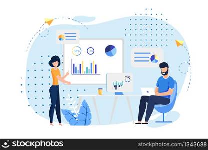 Coworking Office and Employees Sharing Working Space. Man Typing on Laptop, Woman Reports Standing near Presentation Board. Business Meeting, Conference, Formal discussion. Vector Flat Illustration. Coworking Office and Employees Flat Illustration