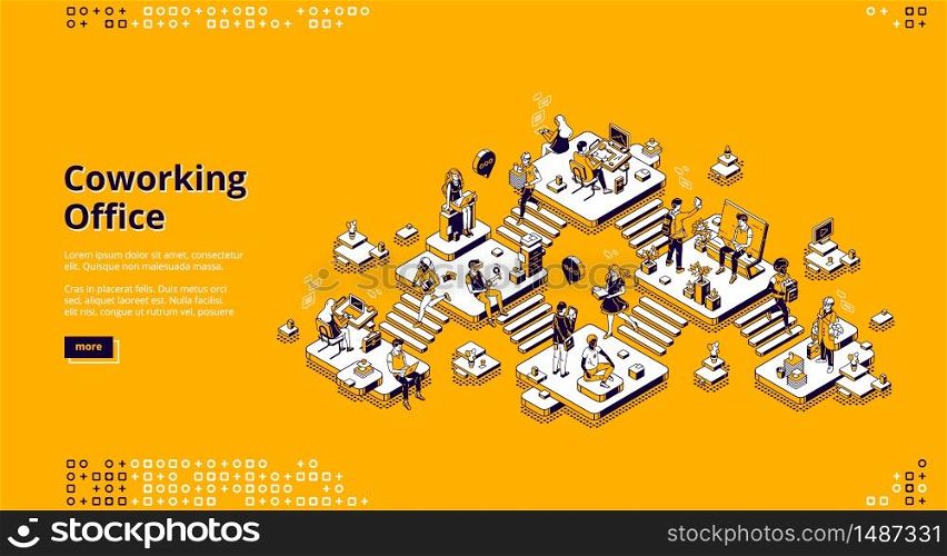 Coworking office banner. Concept of modern creative workplace for different employee. Vector landing page of open space office for freelance, startup or business with isometric people with laptop. Vector landing page of coworking office