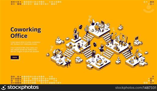 Coworking office banner. Concept of modern creative workplace for different employee. Vector landing page of open space office for freelance, startup or business with isometric people with laptop. Vector landing page of coworking office