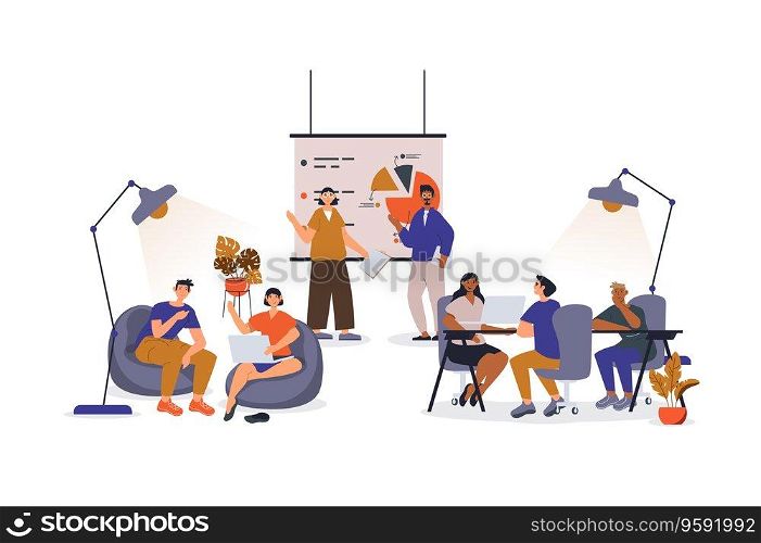 Coworking office concept with character scene for web. Women and men employees working and brainstorming in open space. People situation in flat design. Vector illustration for marketing material.