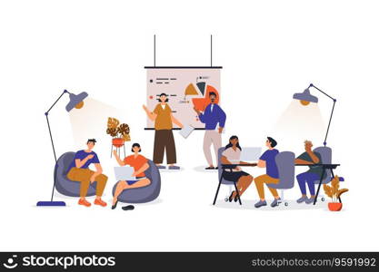 Coworking office concept with character scene for web. Women and men employees working and brainstorming in open space. People situation in flat design. Vector illustration for marketing material.