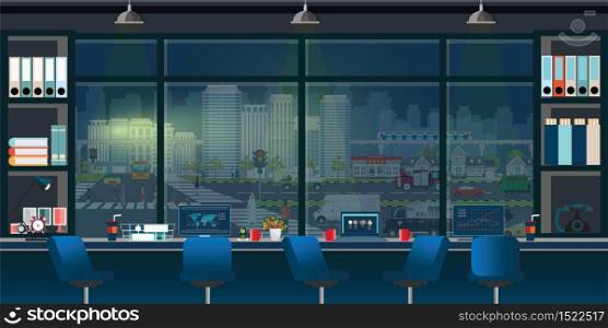 Coworking office interior workplace with in front of window on night cityscape view outside, interior modern center creative workplace horizontal banner empty workspace, vector illustration.