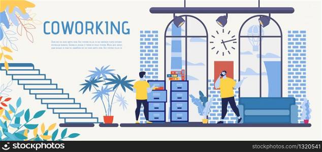 Coworking Office, Open Space Business Center with Rental Workplaces Flat Vector Advertising Banner, Poster Template with Entrepreneur, Freelancer Working with Documents, Calling Clients Illustration
