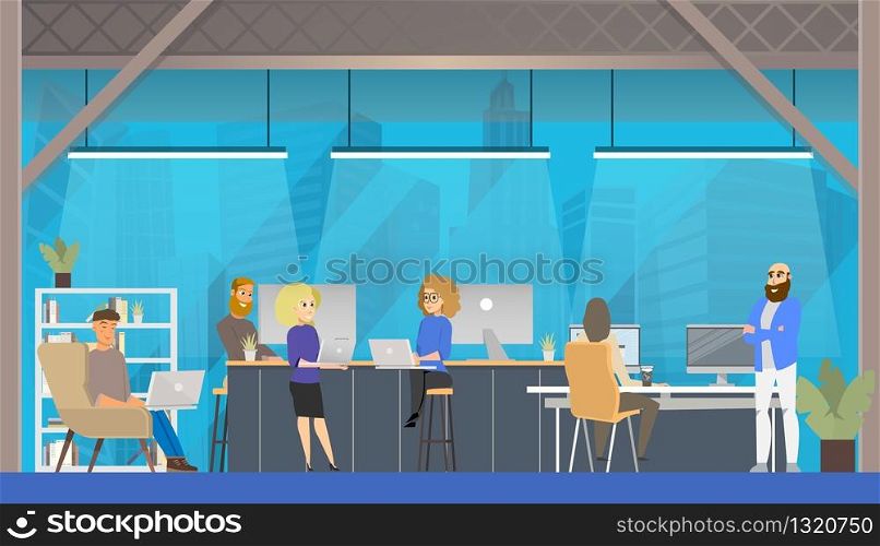 Coworking Office Open Space Environment. Modern Business Workplace Center for Creative Environment. Teamwork Concept. Flat Cartoon Vector Illustration. Coworking Office Open Space Environment