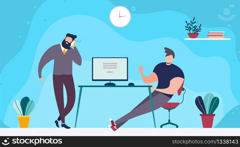 Coworking Office Space and People Working Together. Cartoon Bearded Man Talking Phone and Male Coworker Sitting at Table with Computer Wants to Appeal. Vector Sharing Open Workspace Flat Illustration. Coworking Office Space and People Working Together