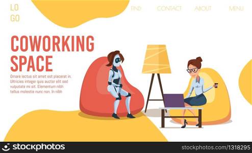 Coworking Office with Digital Services Trendy Flat Vector Web Banner, Landing Page Template. Businesswoman, Female Freelancer Using Laptop, Working in Comfortable Office with Robots Illustration