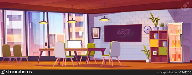 Coworking office with laptop on desk, chairs, blackboard on wall and big window. Vector cartoon empty interior of modern open space workplace or boardroom for team meetings. Coworking office with table and blackboard