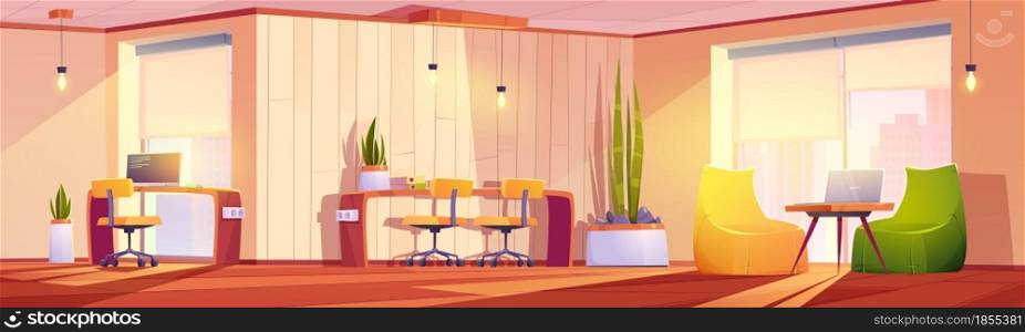 Coworking office with tables, chairs, laptops and plants. Vector cartoon empty interior of open space or home office with furniture for corporate or freelance work. Coworking office with tables, chairs, laptops