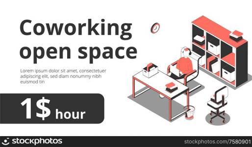 Coworking open space banner background with editable text and isometric images of workspace with cabinet racks vector illustration