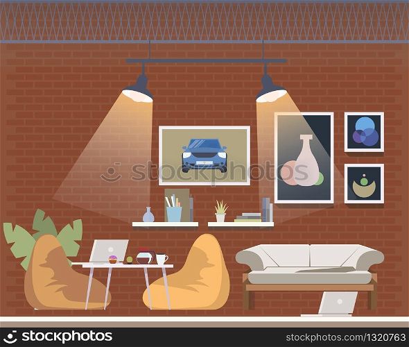 Coworking Open Space, Cozy Office Interior Design. Shared Workplace for Freelancer to Work with Cozy Beanbag Chair, Comfortable Sofa, Table, Furniture. Flat Cartoon Vector Illustration. Coworking Open Space, Cozy Office Interior Design