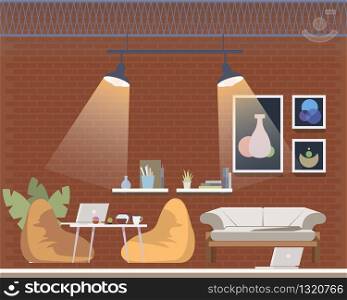 Coworking Open Space with Comfortable Furniture. Cozy Office Indoor Interior Design. Shared Workplace for Freelancer or Businessman with Beanbag Chair, Sofa. Flat Cartoon Vector Illustration. Coworking Open Space with Comfortable Furniture