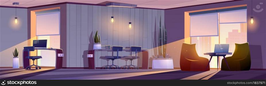 Coworking or home office interior evening view, working room with pc desk, beanbag chairs, files on table front of large window with dusk cityscape, freelance modern area cartoon vector illustration. Coworking or home office interior evening view