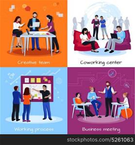 Coworking People 2x2 Design Concept . Coworking people 2x2 design concept with team of creative employees meeting discussing working together flat vector illustration