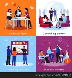 Coworking people 2x2 design concept with team of creative employees meeting discussing working together flat vector illustration . Coworking People 2x2 Design Concept
