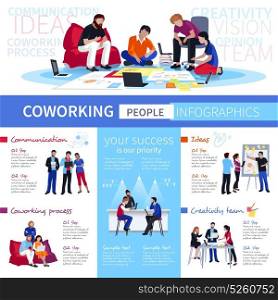 Coworking People Flat Infographic Poster . Coworking and communication creative ideas for shared working environment with flexible workspace flat infographic poster vector illustration