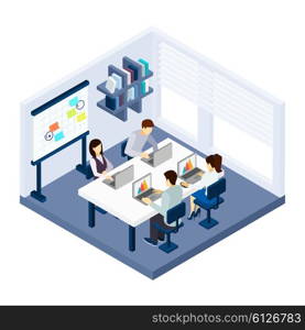 Coworking People Illustration . Coworking people in a room with laptop table and chairs isometric vector illustration