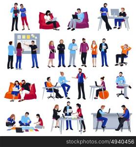 Coworking People Isolated Icons Set. Coworking people colored isolated icons set with creative freelancers meeting together in coworking center sharing ideas and discussing problem flat vector illustration