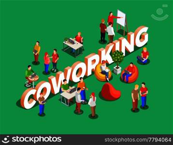 Coworking people isometric composition with figures of freelance worker characters and cumbersome text on green background vector illustration. Coworking Space Isometric Background
