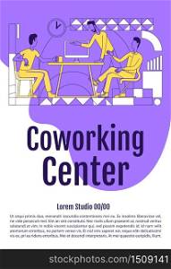 Coworking poster flat silhouette vector template. Employees in open office. Brochure, booklet one page concept design with cartoon characters. Colleagues working flyer, leaflet with text space