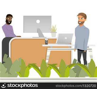 Coworking Reception Man Invite to Work Hipster in Openspace Office with Laptop. Cartoon Flat Characters Illustration in Working Places and Lounge Zone. Coworking Reception Man Invite to Work Hipster