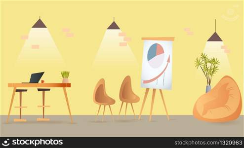 Coworking Room Open Space Indoor Interior Design. Shared Workplace with Beanbag Chair, Office Furniture, Flip Board with Diagram. Comfortable Place for Work and Study. Flat Cartoon Vector Illustration. Coworking Room Open Space Indoor Interior Design