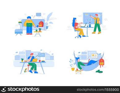Coworking semi flat RGB color vector illustrations set. Work in office and remote job opportunity. Company employees and freelancers isolated cartoon characters pack on white background. Coworking semi flat RGB color vector illustrations set
