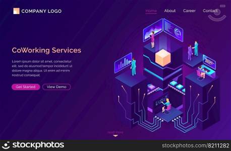 Coworking service isometric concept vector. Modern coworking office with workspaces and employee, large server with connections and conveyor belt with data. Information processing and analysis. Coworking service, isometric workspaces, employee