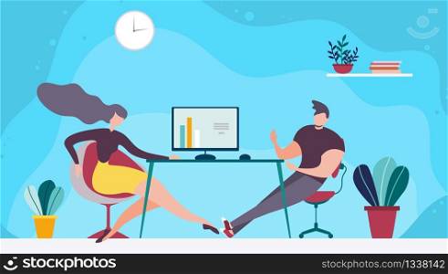 Coworking Space and Brainstorming Team Cartoon. Sharing Open Office, Freelancers Work. Man and Woman Employees Characters Discussing Project Results in Graphs on PC Monitor. Vector Flat Illustration. Coworking Space and Brainstorming Team Cartoon