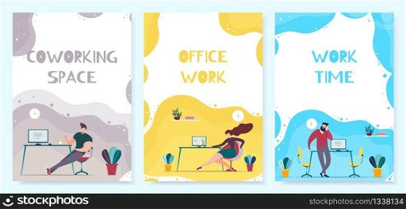 Coworking Space and Office Time Management Mobile Cover Set. Social Media Stories Templates for Blog or Webpage. Cartoon Business People Characters Working. Vector Illustration in Flat Style. Coworking Office Time Management Mobile Cover Set