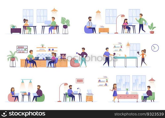 Coworking space bundle of flat scenes. Open office workplace isolated set. Freelancer, developer, desk, computer, window, ping pong game elements. Modern workspace area cartoon vector illustration.