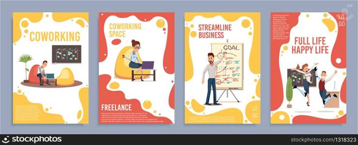 Coworking Space, Business Strategic Planning, Disable People Full Happy Life Trendy Flat Vector Vertical Banners, Posters Templates Set. Employees Working in Office, Happy with Success Illustration