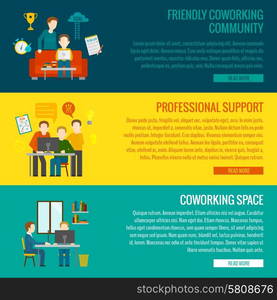 Coworking space center banner set with friendly community professional support elements isolated vector illustration. Coworking Center Banner