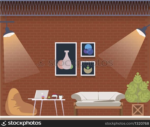 Coworking Space Center Creative Studio Interior. Cozy Office Design Loft Style. Shared Workplace for Freelancer with Beanbag Chair, Comfortable Couch. Flat Cartoon Vector Illustration. Coworking Space Center Creative Studio Interior