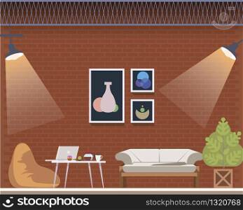 Coworking Space Center Creative Studio Interior. Cozy Office Design Loft Style. Shared Workplace for Freelancer with Beanbag Chair, Comfortable Couch. Flat Cartoon Vector Illustration. Coworking Space Center Creative Studio Interior
