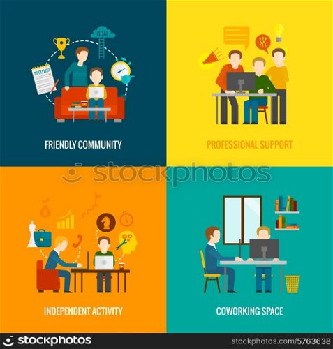 Coworking space center design concept set with friendly community professional support independent activity flat icons isolated vector illustration. Coworking Center Flat