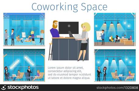 Coworking Space Company to Start Business Banner. Work in Shared Workspace. Happy Freelance Character Working by Computer, Talking, Meeting in Open Area. Flat Cartoon Vector Illustration. Coworking Space Company to Start Business Banner