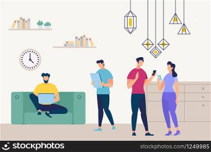 Coworking Space Company to Start Business Project. Work in Shared Workspace. Happy Freelance Characters Working by Computer, Gadgets, Talking, Meeting in Open Area. Cartoon Flat Vector Illustration. Coworking Space Company to Start Business Project.
